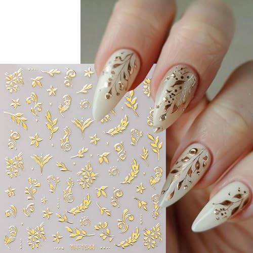 6 Sheets Gold Nail Stickers for Nail Art 3D Self-Adhesive Metallic Floral Leaf