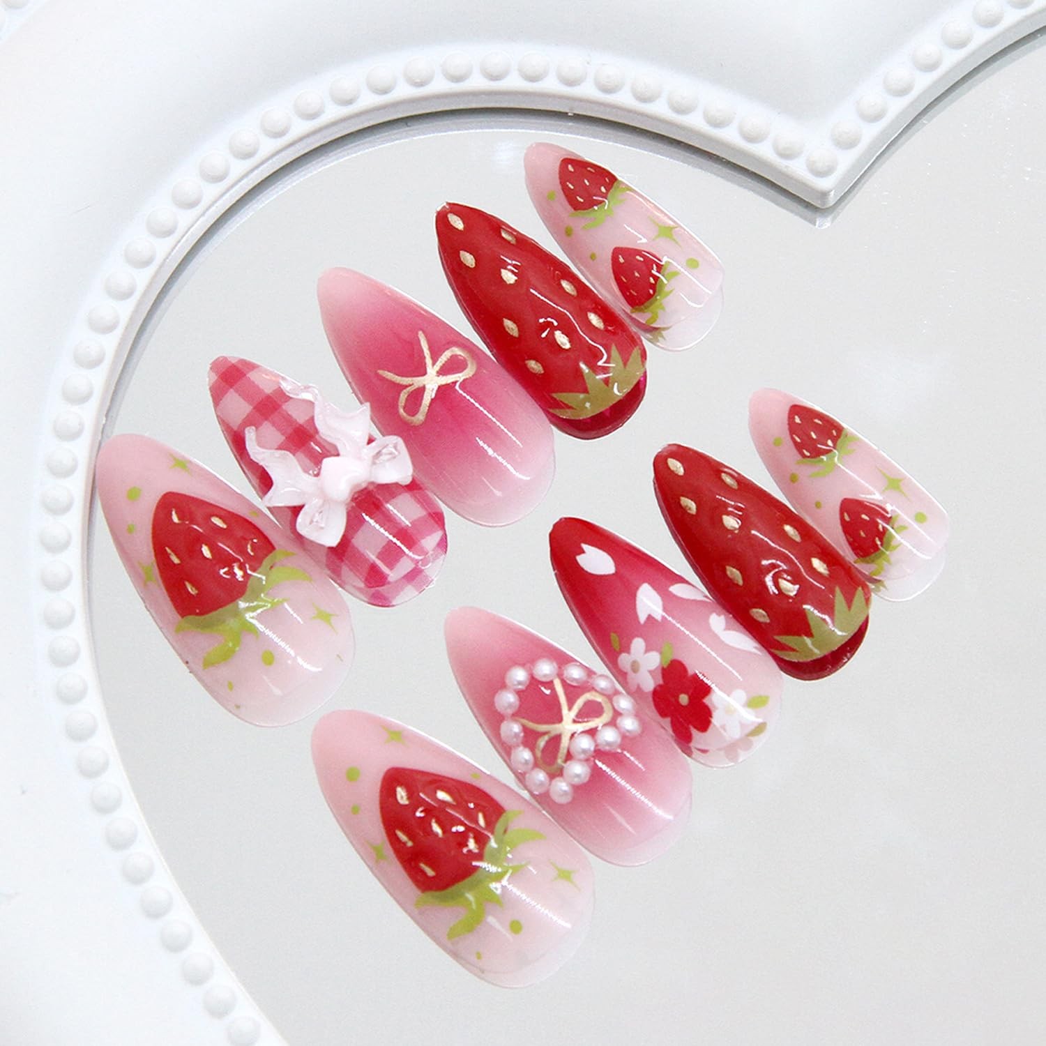 24Pcs Strawberry Flower Press on Nails Almond, Moderate Thickness, Colorful