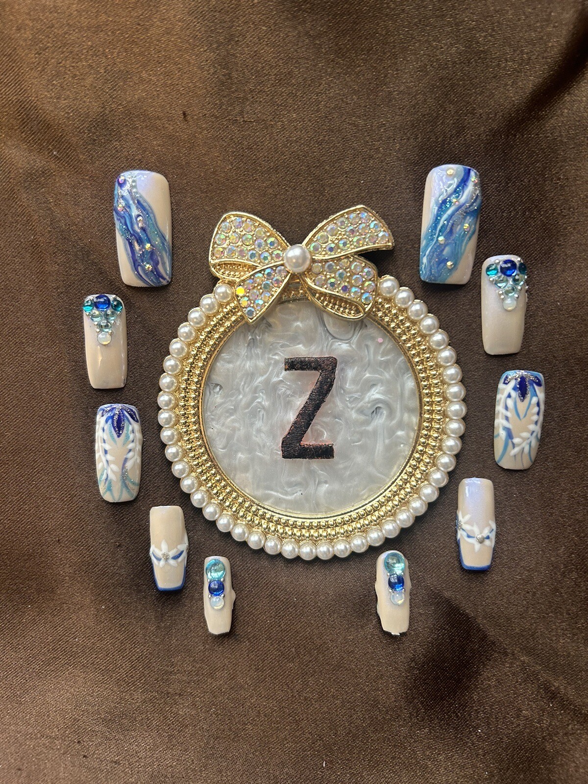 Z NAILZ! Handmade L Square Nude W/shades Of Blue Freestyle Design Press On Nails