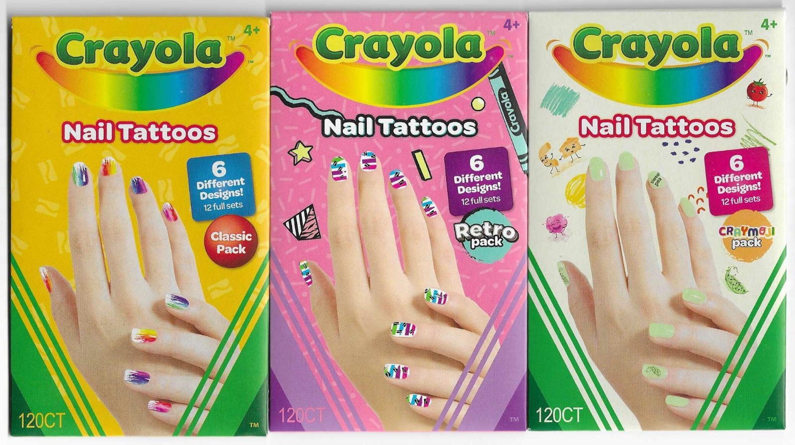 (3) Crayola Nail Tattoos – Classic – Retro – Craymoji – Total 18 Designs/360 Ct