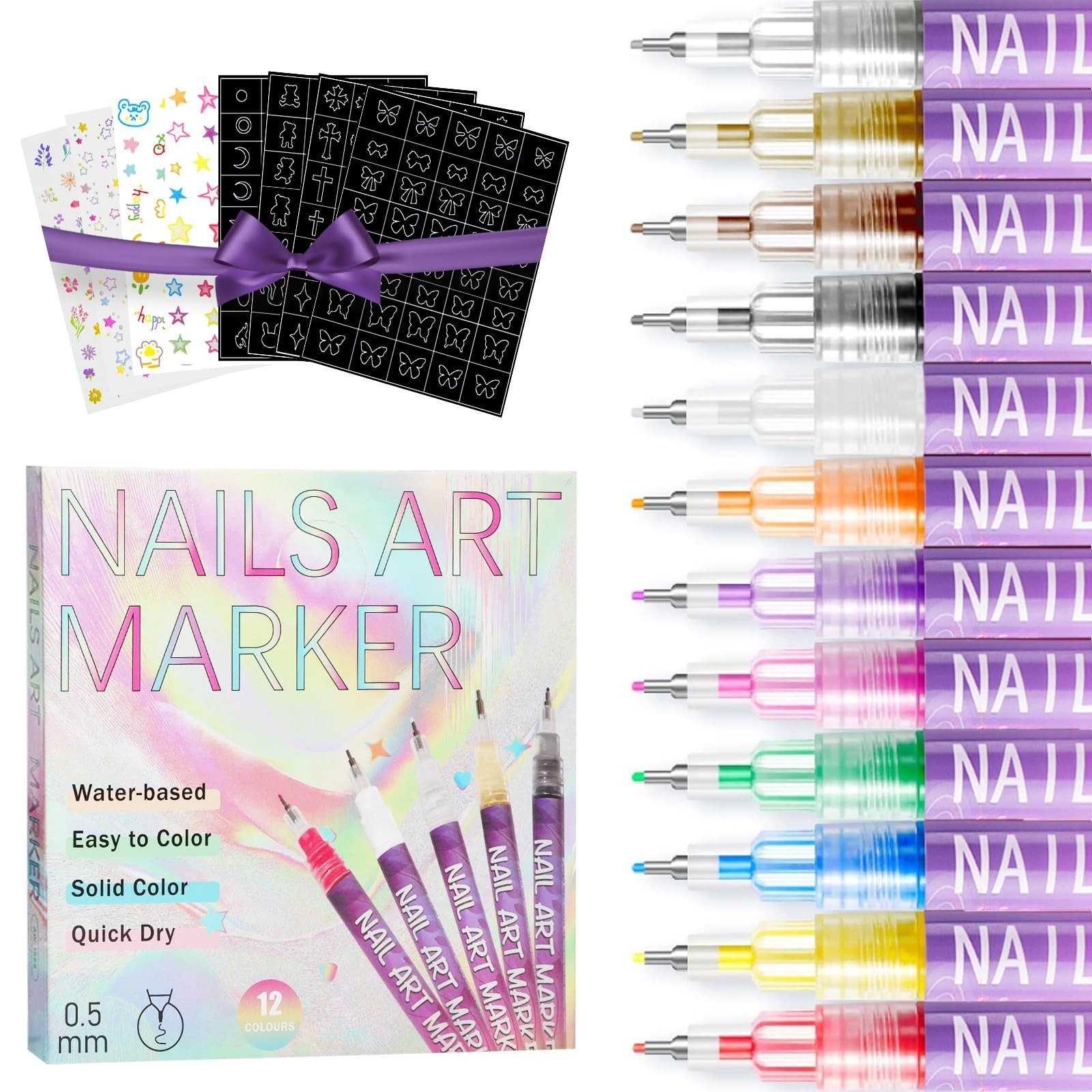 12 Colors Nail Art Pens – 0.5MM Fine Tip Quick-Drying Markers for DIY Nail Desig