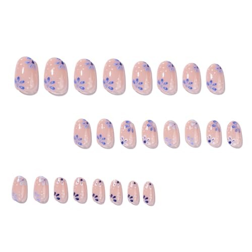 Oval Press on Nails – Blue Flower Fake Acrylic Nails Round – 0173e Blue
