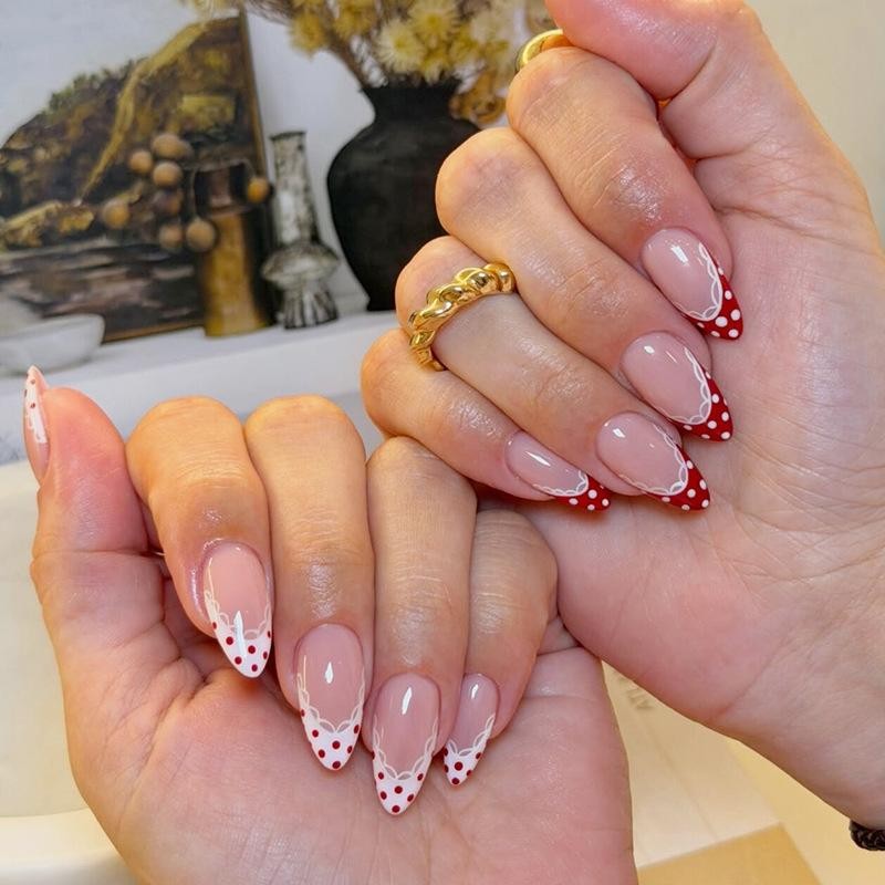 Red Polka Dot French Press On Nails Short Almond Fake Nails Reusable Nail Tips