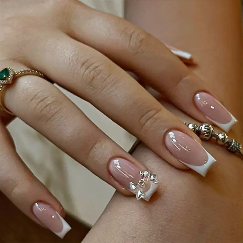 72pcs-Coffin Press on Nails, Nude with White French Tips & Crystal Rhinestones