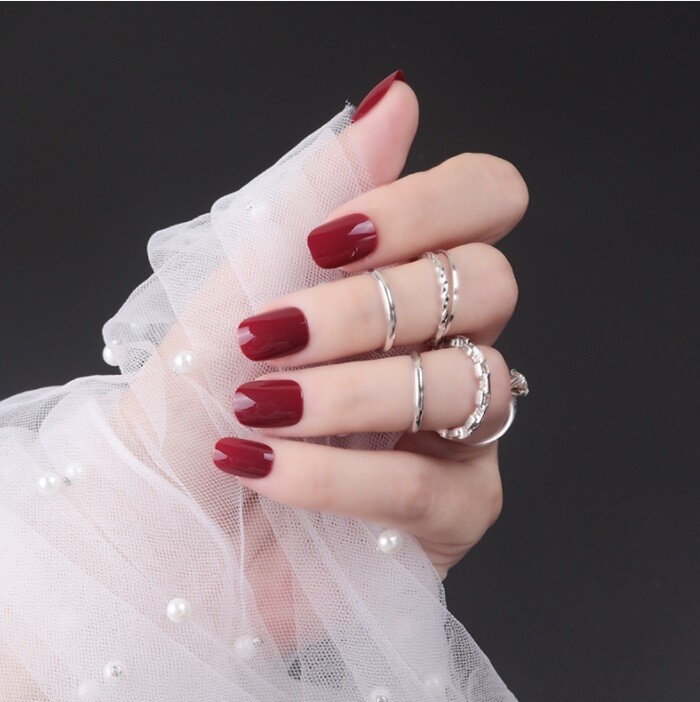 Handmade Press On Nails – Glossy Short Square Nails, Black White Red Fake Nails