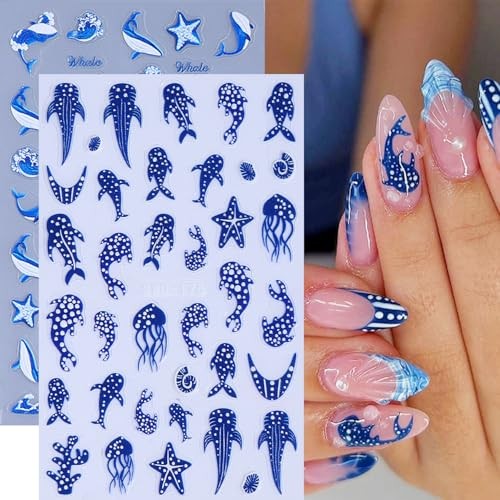 Summer Ocean Life Nail Art Sticker Decal 2Pcs 5D French Blue Polka Dot Fish