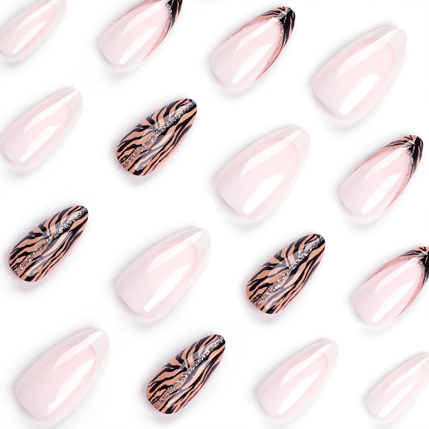 24Pcs Chrome Almond Press On Nails Medium Glossy Fake Nails with Glue Tabs
