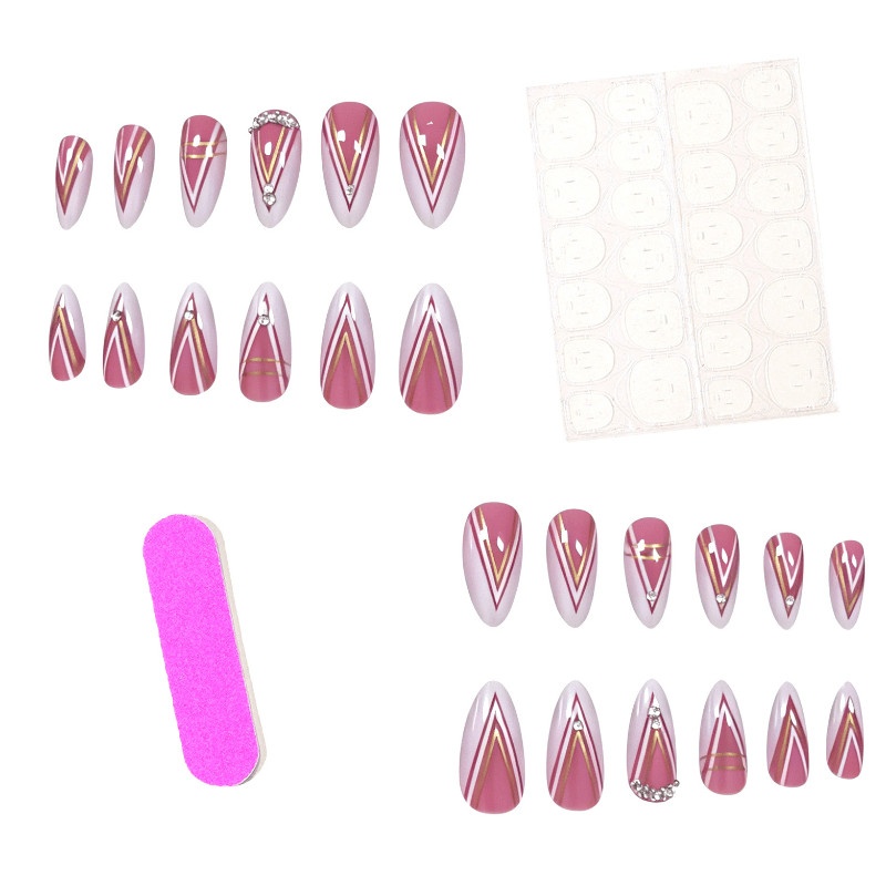 48Pcs White Gold Rhinestone Almond Press on Nails, Elegant Nude Daily Fake Nails