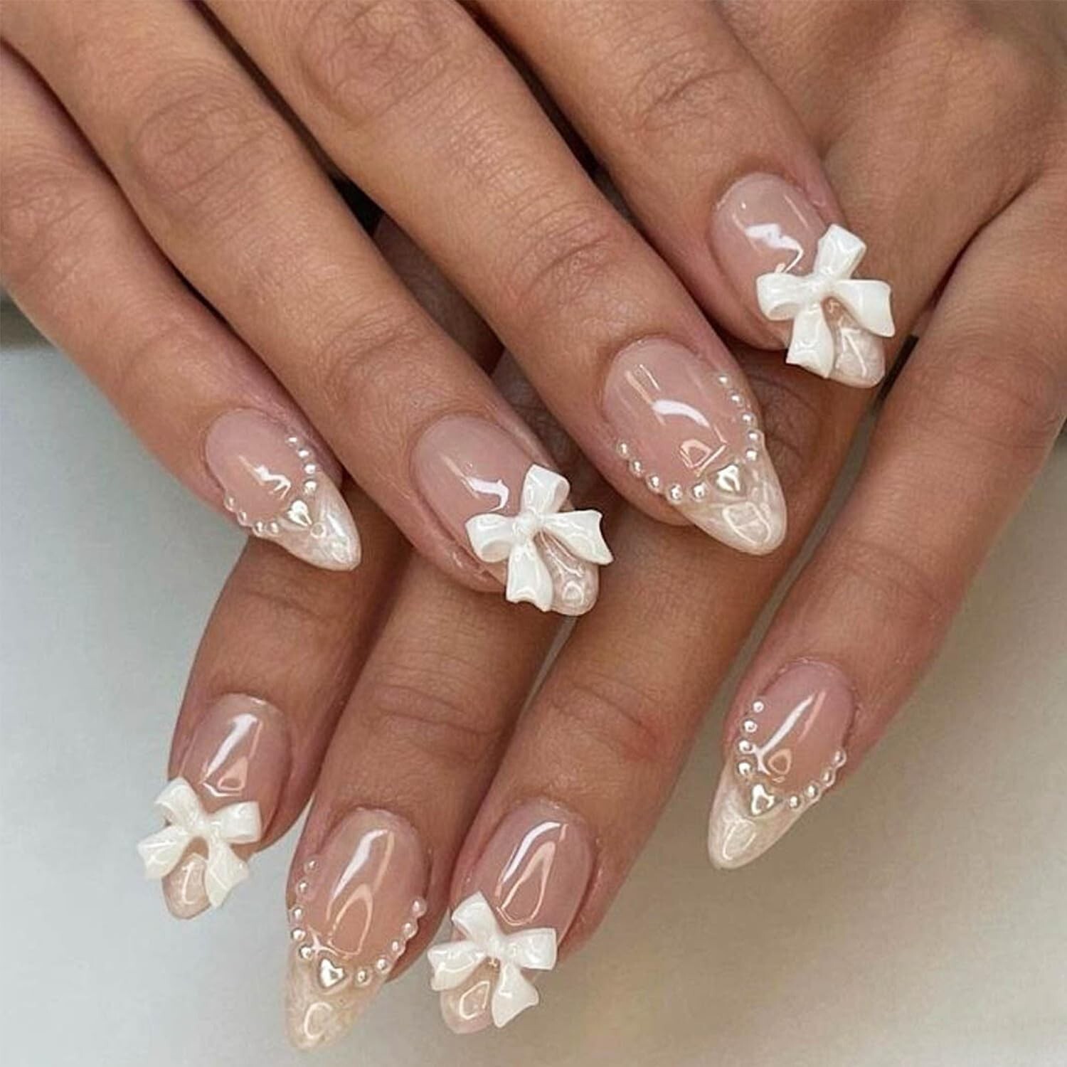 24PCS Short Press on Nails Almond Fake Nails Shiny Bare Color Small Love Full
