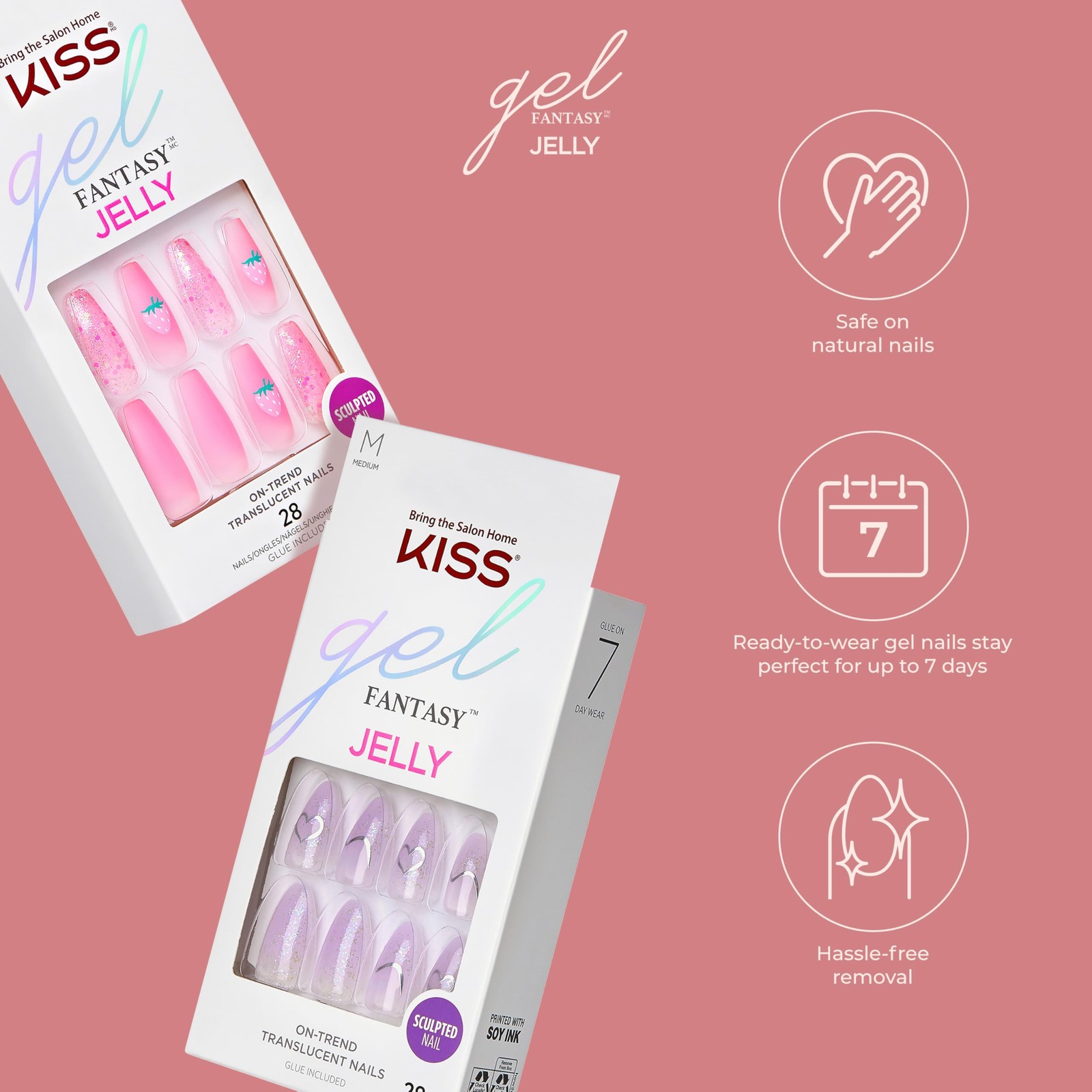 KISS Gel Fantasy Press On Nails, Nail glue 31 Piece Set, Fun & Jelly