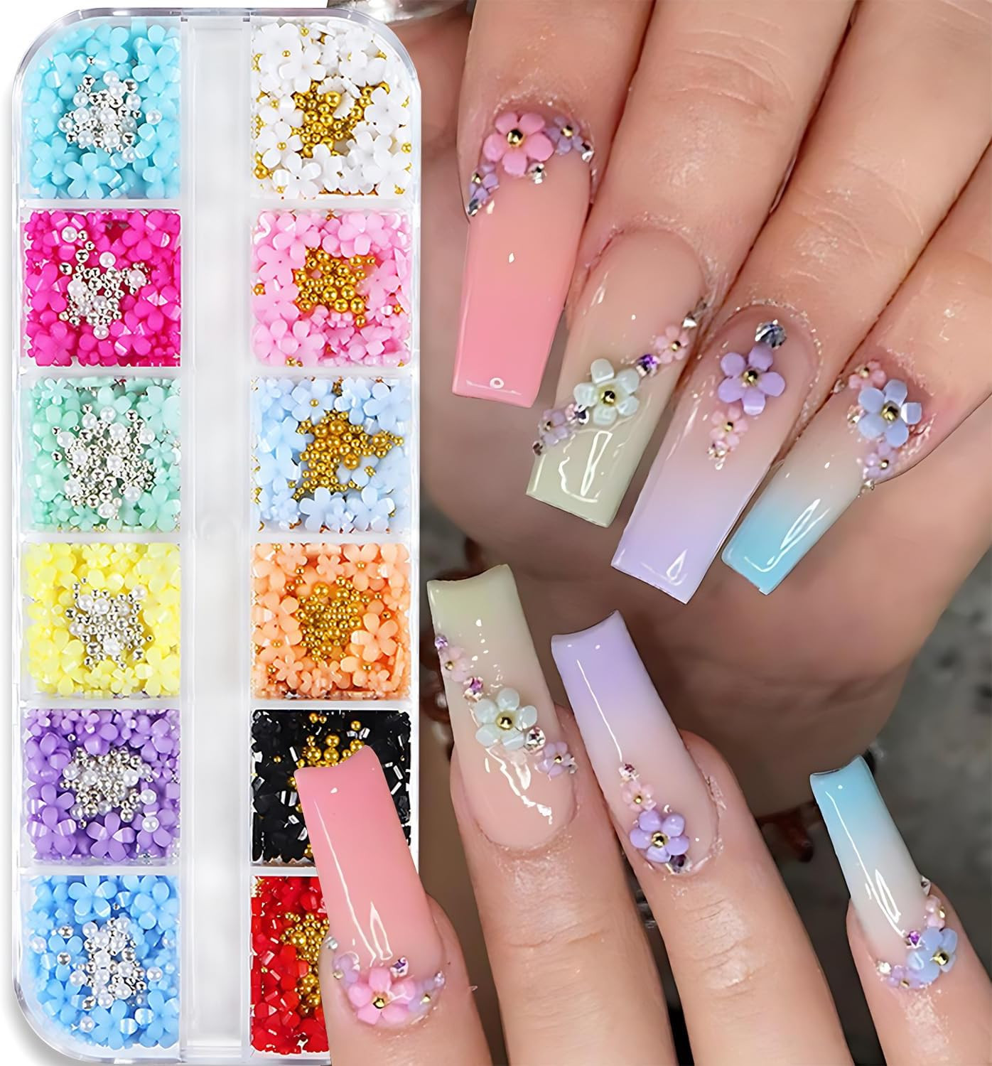 12 Grid 3D Flowers Nail Charms Acrylic Colorful Flowers Nail Art Rhinestones Gol