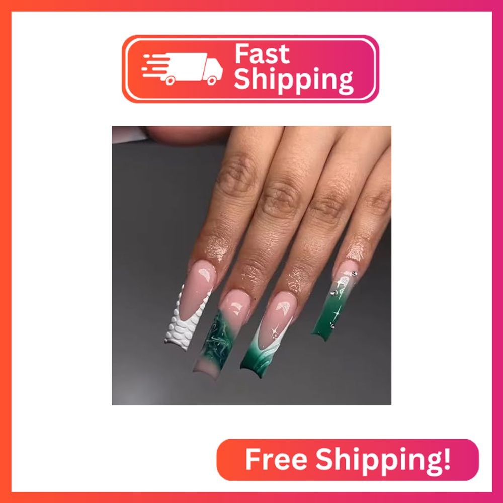MERVF Long Square Press on Nails Dark Green French Tip Ombre Fake Nails Marble S