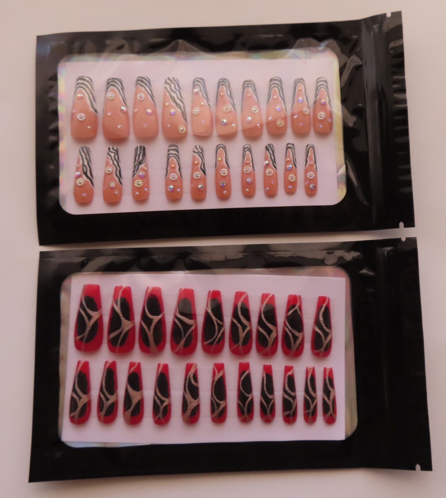 (2) Sets Black White Stripe Tip Pearl | Black Red Metallic Coffin Press-On Nails