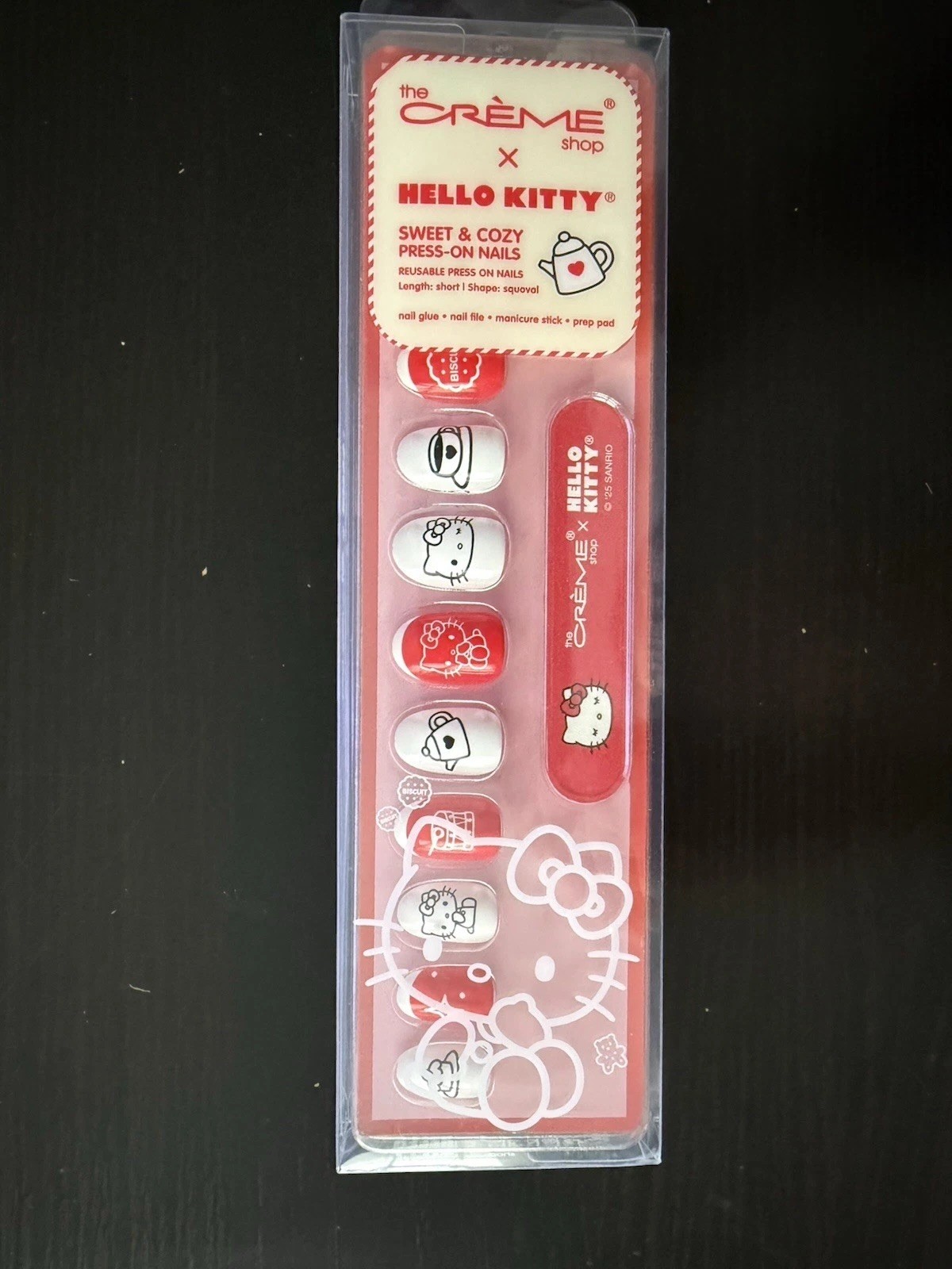 The Crème Shop x Hello Kitty Reusable Press-On Nails Red,White,Squoval,Short NEW