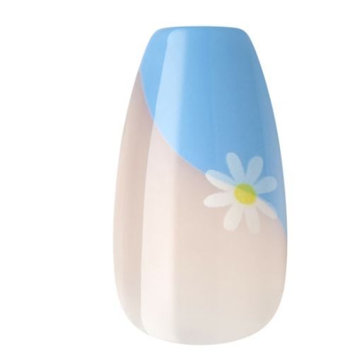KISS NAILS GLUE ON SHINY PINK, BLUE, YELLOW MEDIUM LENGTH, COFFIN SHAPE 48 COUNT
