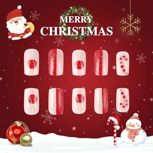 Christmas Press on Nails Medium Square SWEKKE Winter Fake Christmas Nails17