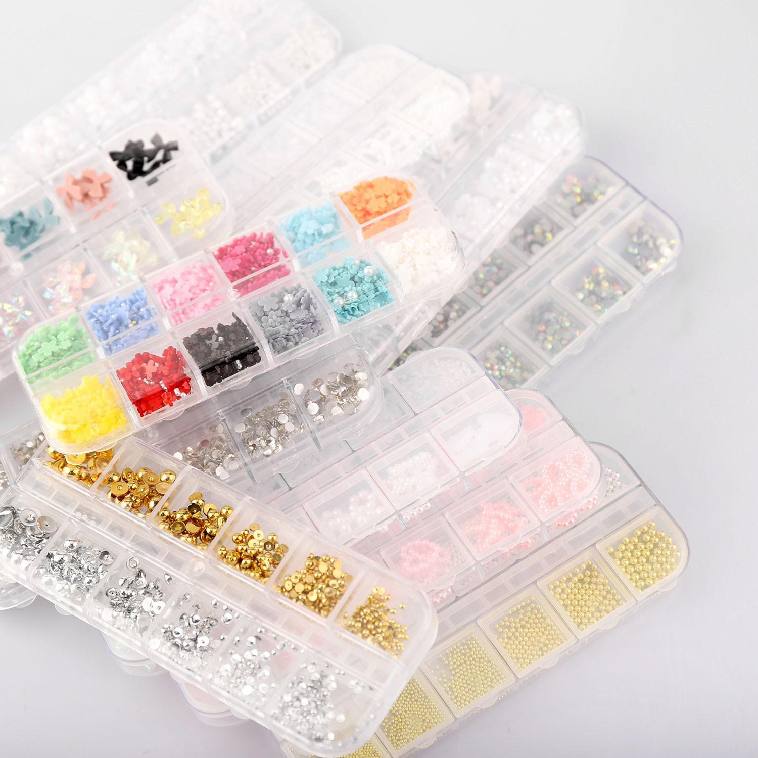 11 Boxes 3D Nail Art Decoration with Pearls Rhinestone Flowers Bows Star Mixed