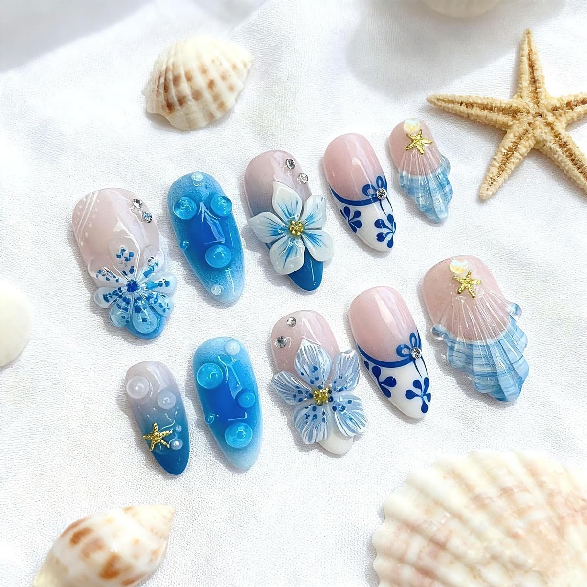 30Pcs Summer Beach Press On Nails Medium Almond French Tip Blue Ombre Fake Na…