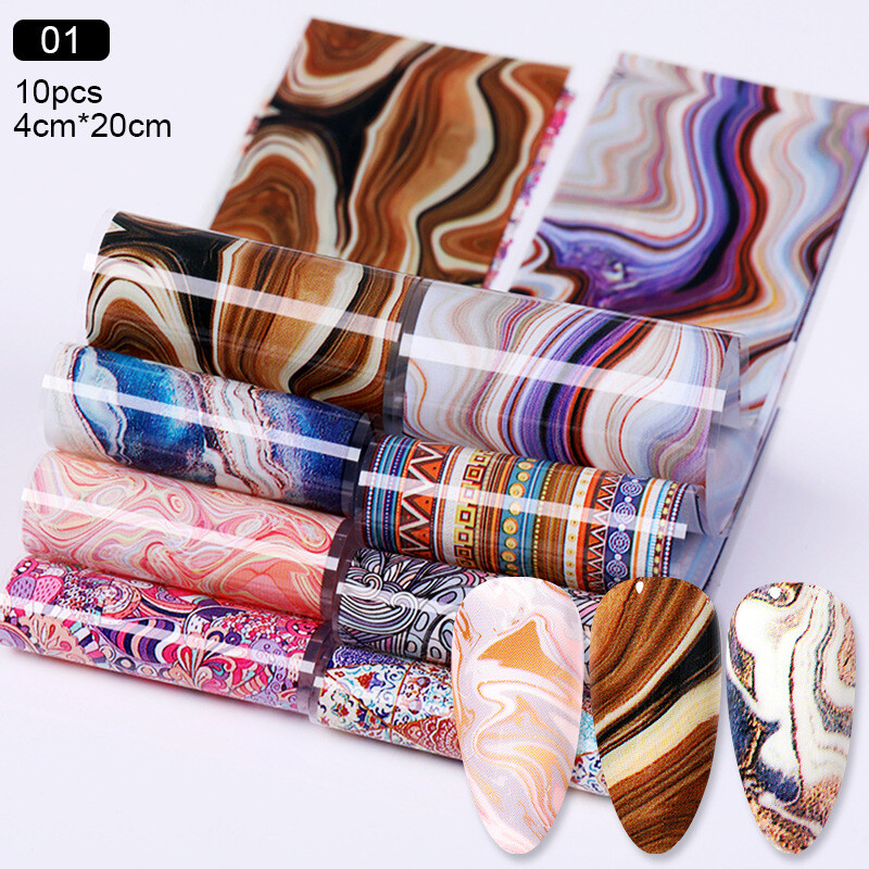 Nail Stickers Transfer Color Decals Nail Art Decor Tips Marble Flower 10Pcs Foil