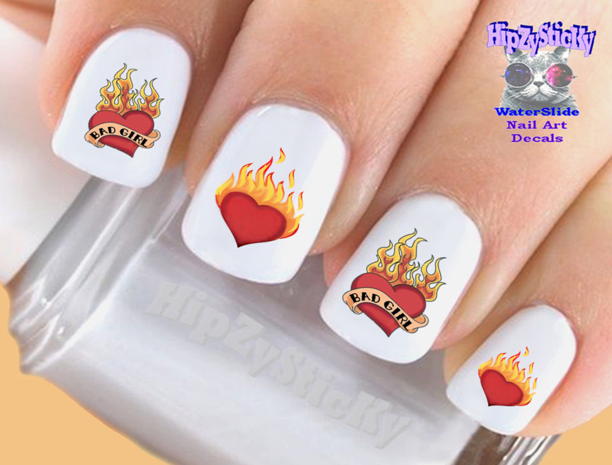 Nail Art 504 IMAGE “Bad Girl” Heart Flames Waterslide Nail Decals Transfers