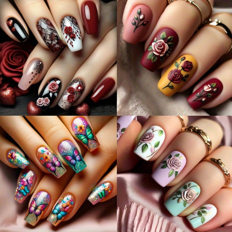 96PCS(4Pack) Rose Floral Press-On Nails Elegant Romantic Wearable Nails Art