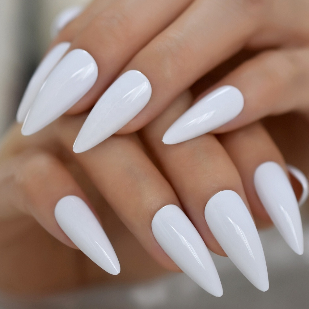 24 Press on nails kit w glue Long white stiletto pointed