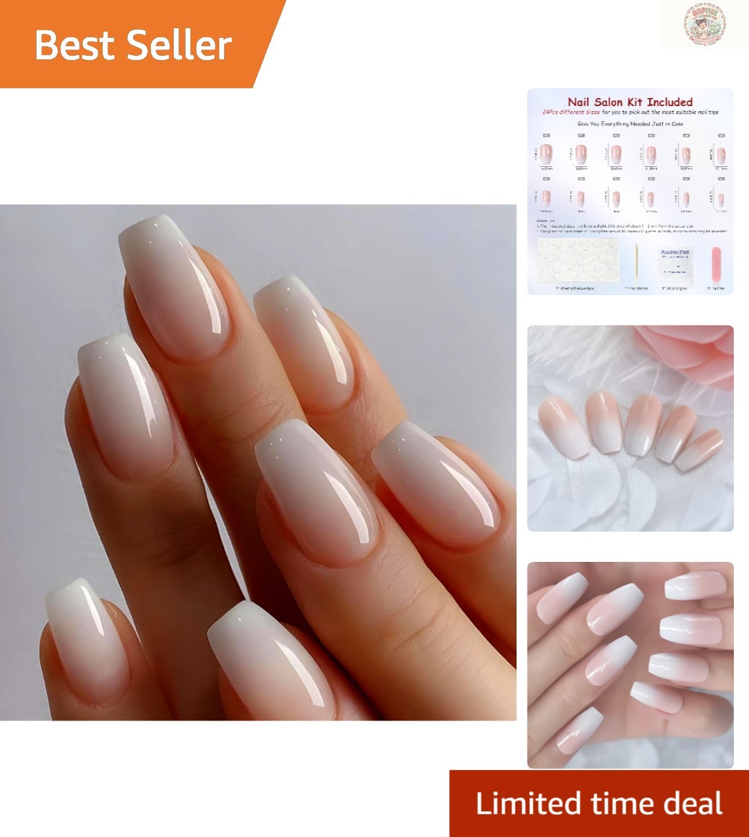 Fashionable Ombre Pink Press-On Coffin Nails – Easy Removal & Application