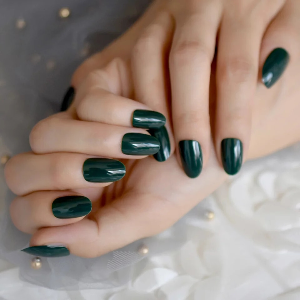 24 Short Press on nails kit w glue dark green almond