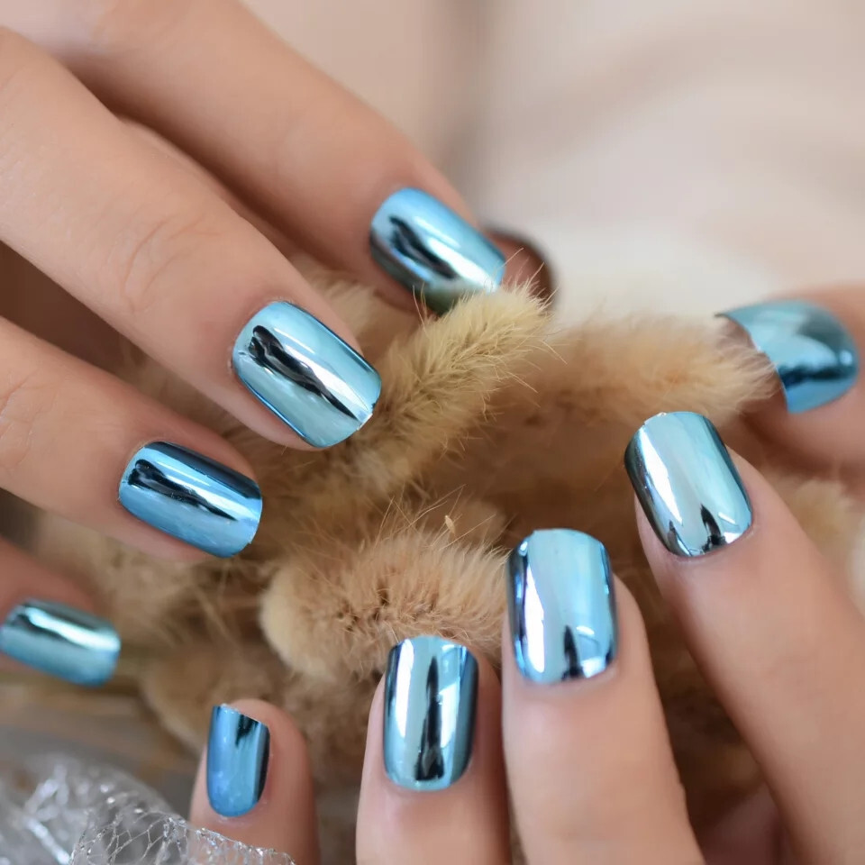 24 short blue chrome Press on nails kit w glue metallic mirror aqua