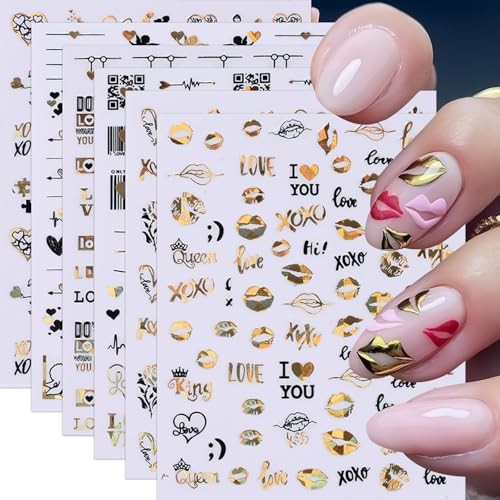 6 Sheets Valentines Heart Nail Art Stickers Black Gold Heart-Shaped 3D heart