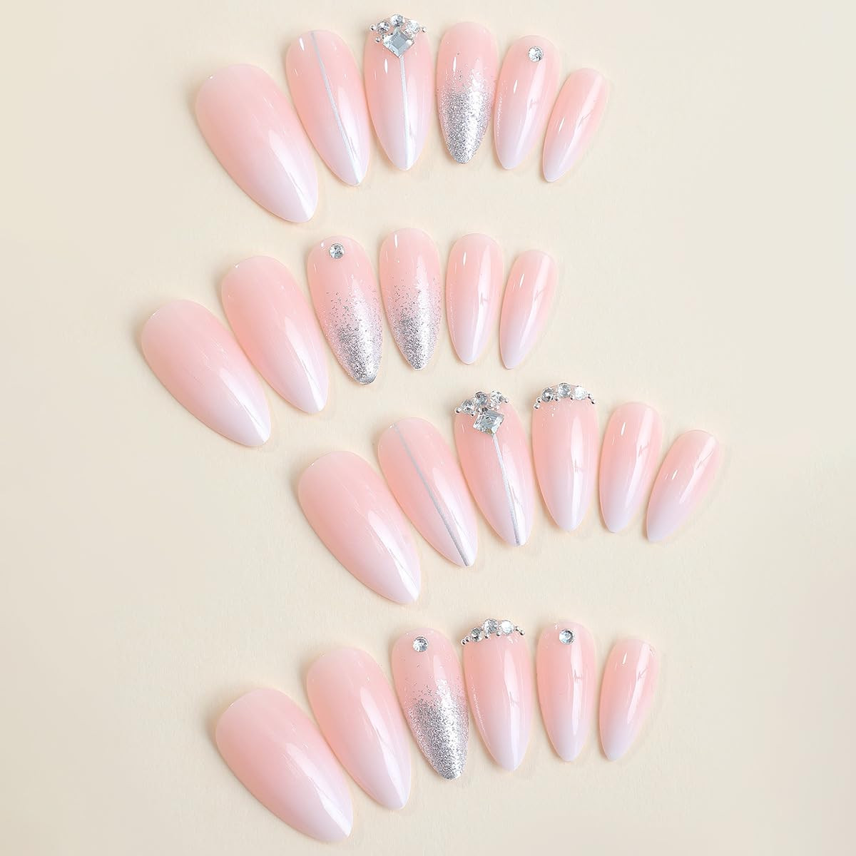 Medium Press on Nails Almond Ombre White Pink Silver Fake Nails Rhinestone Bling