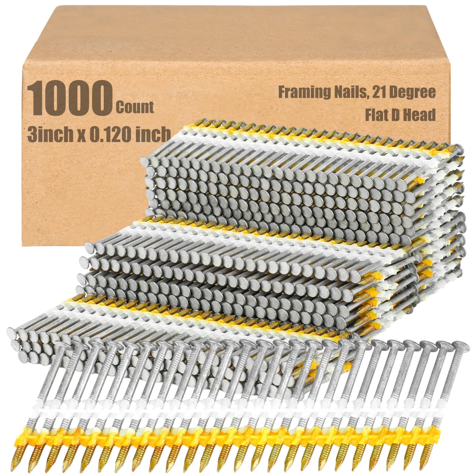 3″ x 0.120″ Framing Nails, 1000 Count, Galvanized, Ring Shank, 21 Degree