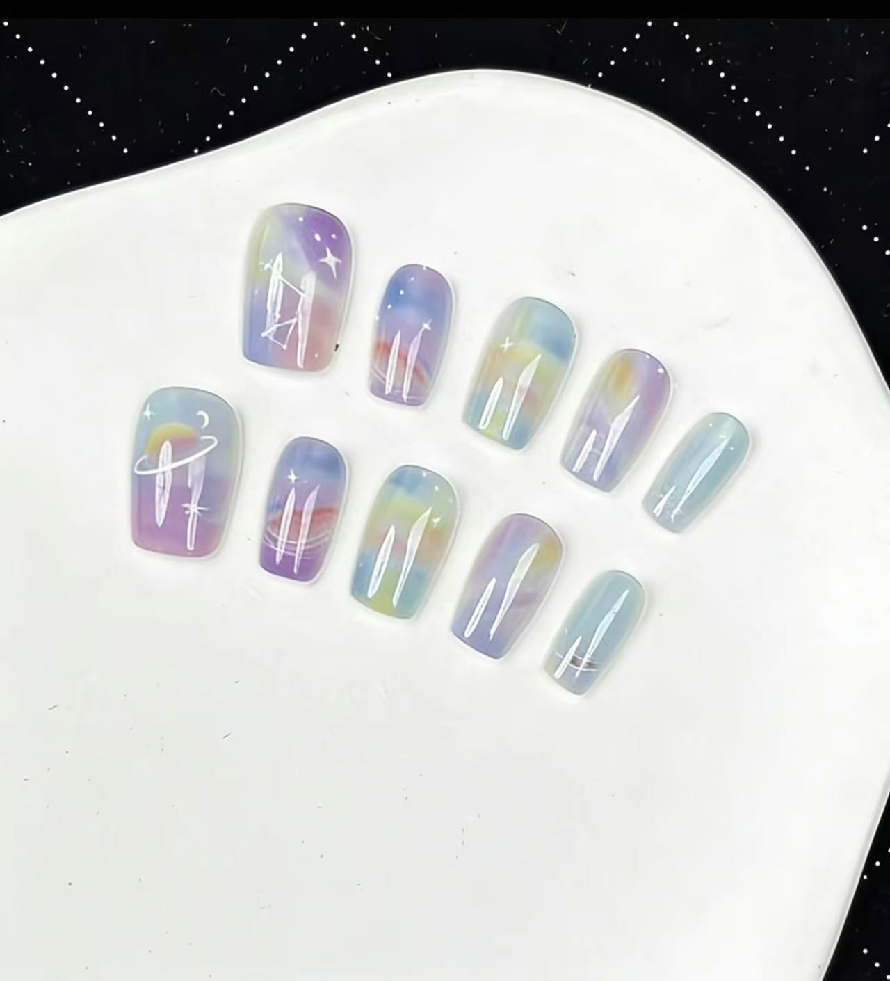 10Pcs Starry Galaxy Short Square Press On Nails One Size Fits Most