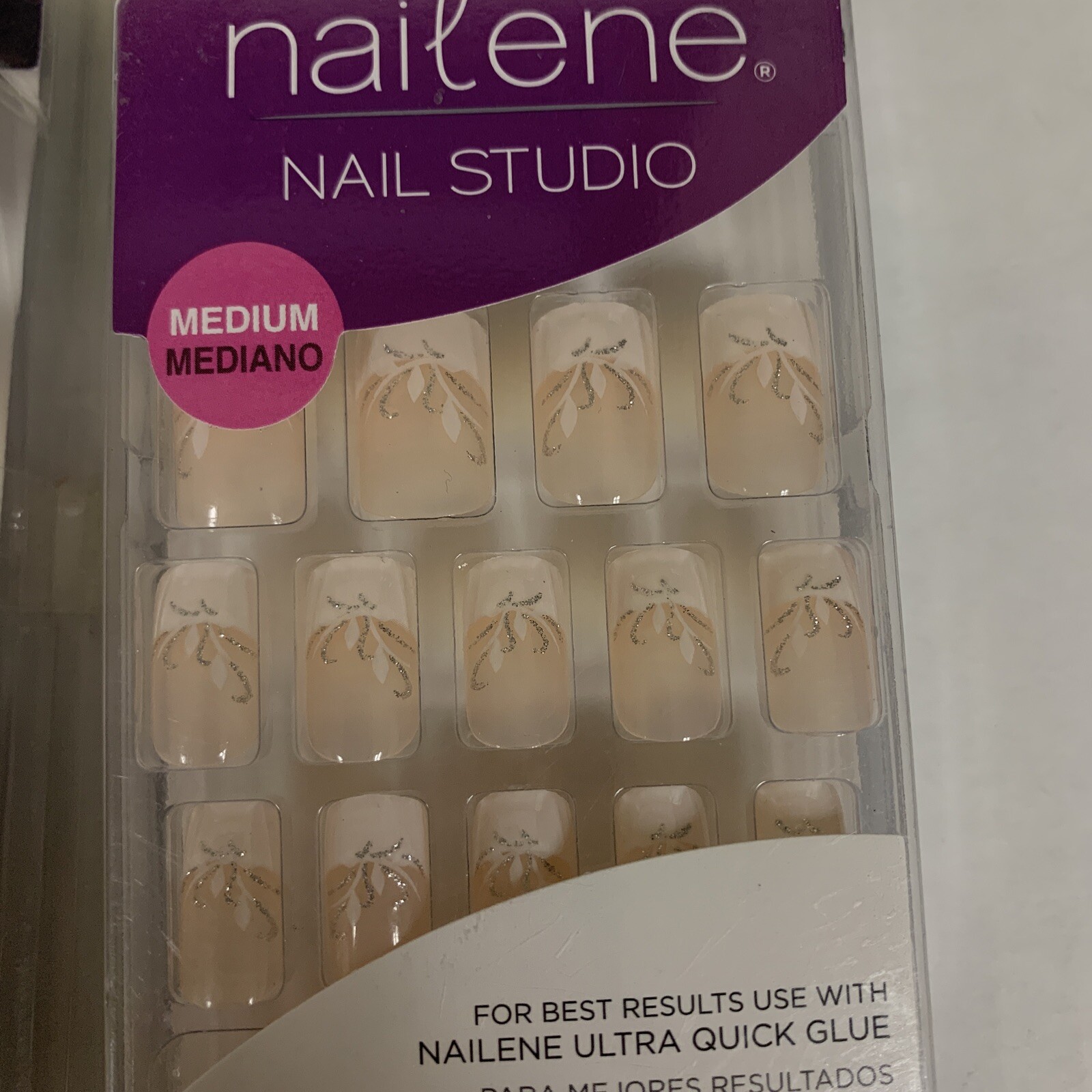 Nailene Nail Studio French Tip Artificial Nails with Silver Floral Design Med x2
