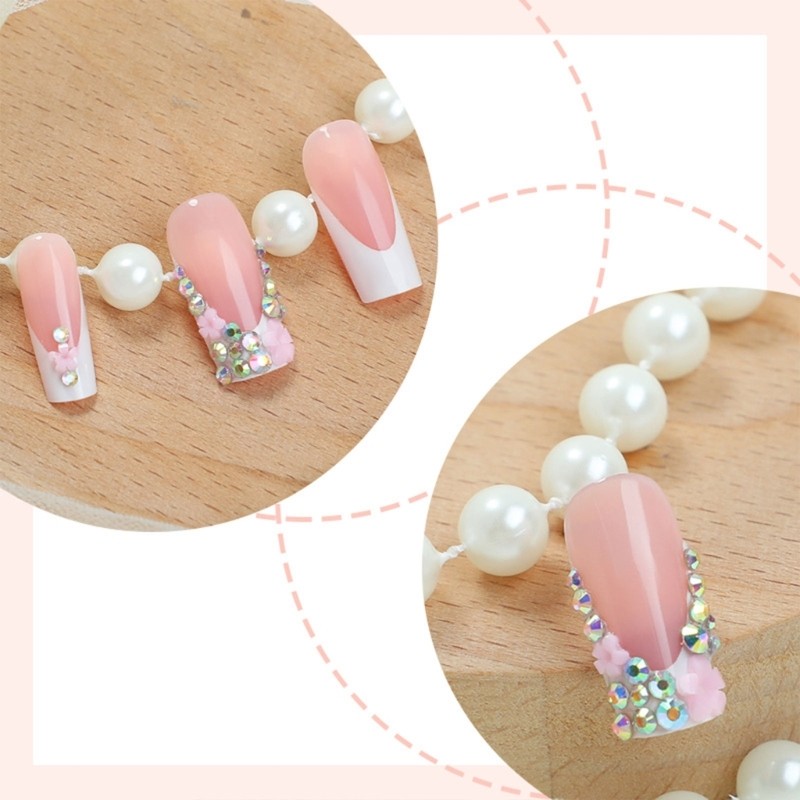 Unique 24Pcs Square Press On Nails with White French Tips and Embellishment