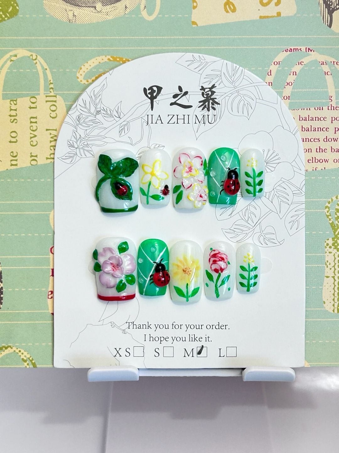 Jia Zhi Mu Handmade Floral and Ladybug Theme Press-On Nails
