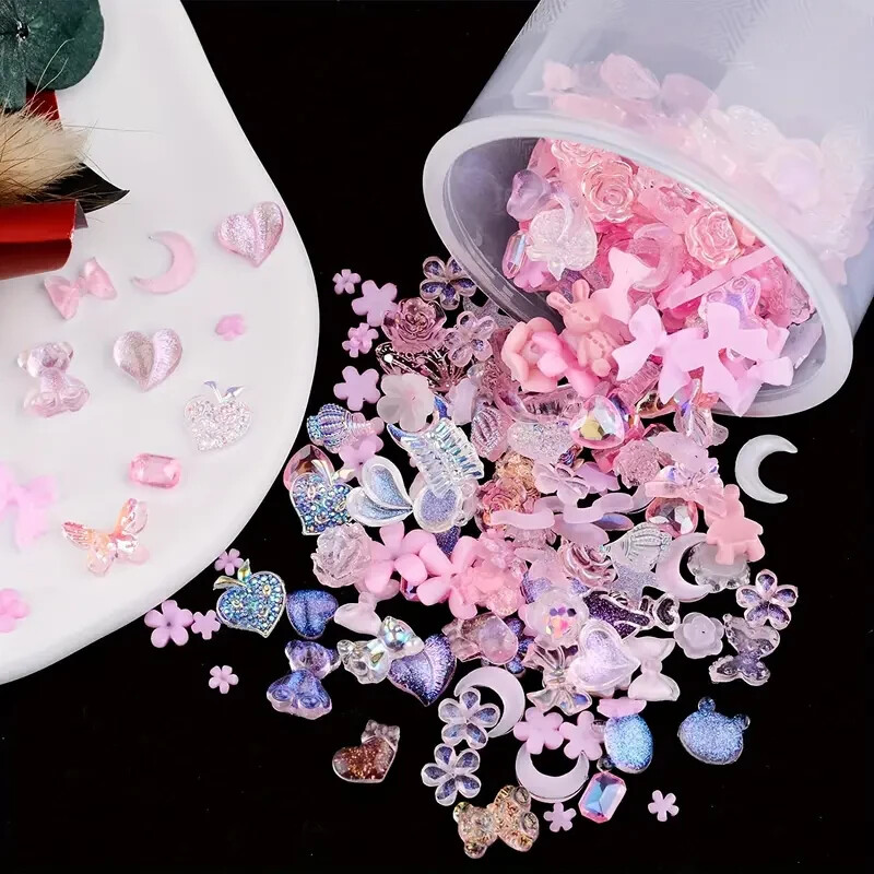 100 pcs Sparkling Acrylic Nail Charms – Butterfly, Bear, Flower, Heart MIX