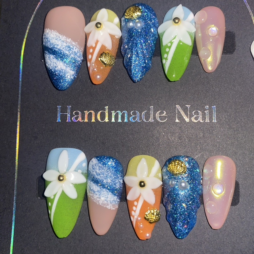Handmade Nail Glitter Flower Press-On Nails Long Coffin Blue Green Nude Set
