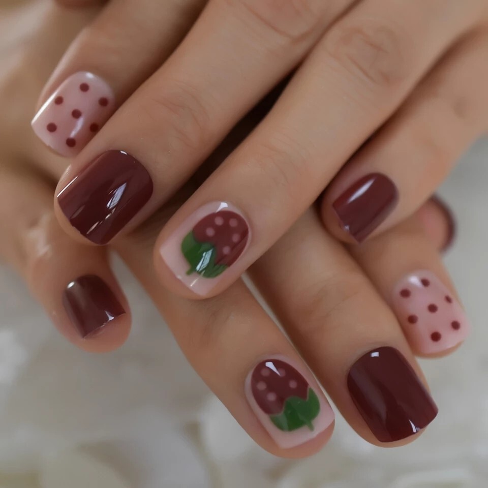 24 Short Red Berry press on nails glue on classic manicure strawberry fruit cute