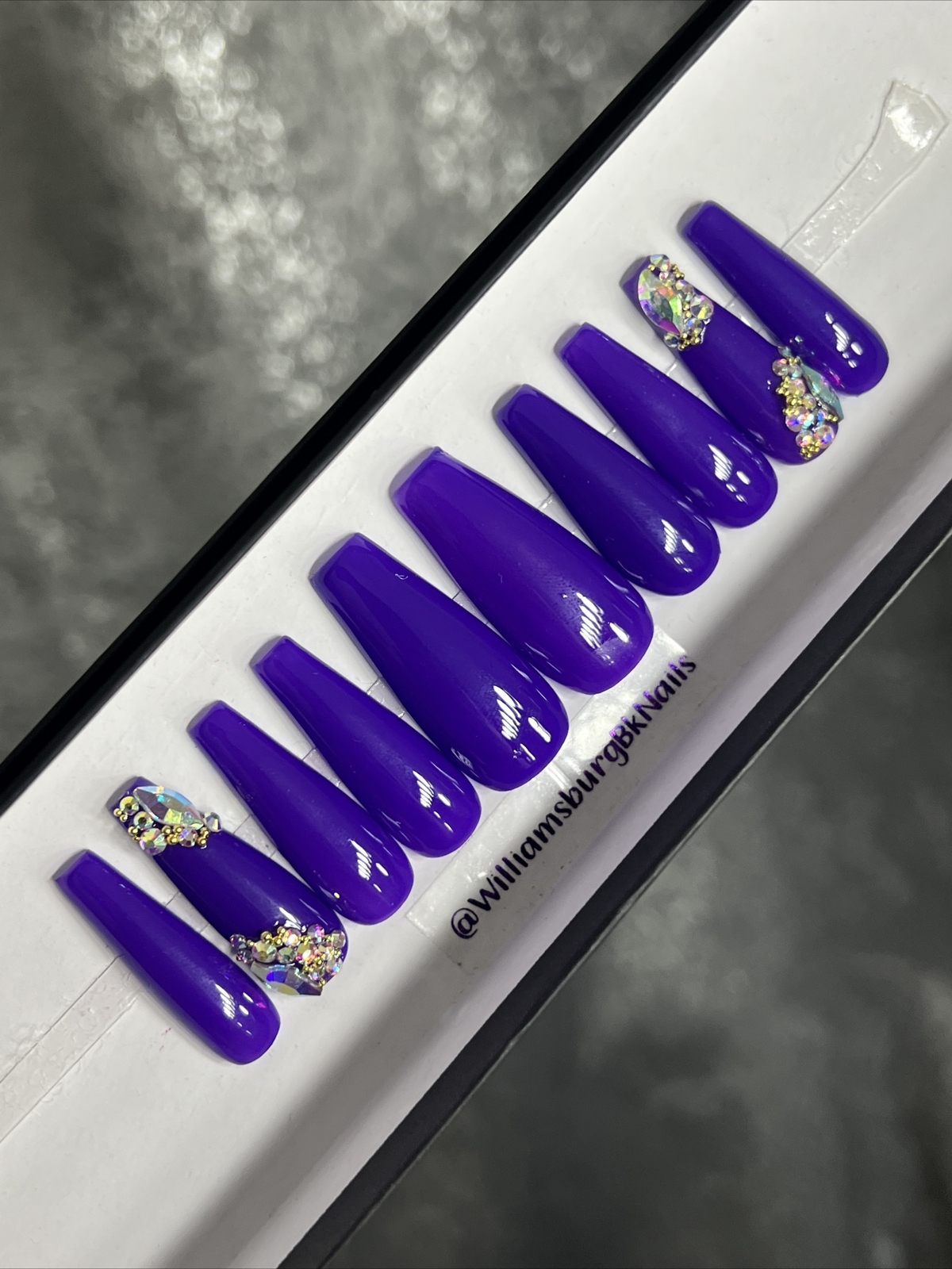 🍭CUSTOM Gel Press On False Nails, PURPLE W/ Bling ,Long Coffin 10p w kit NEW
