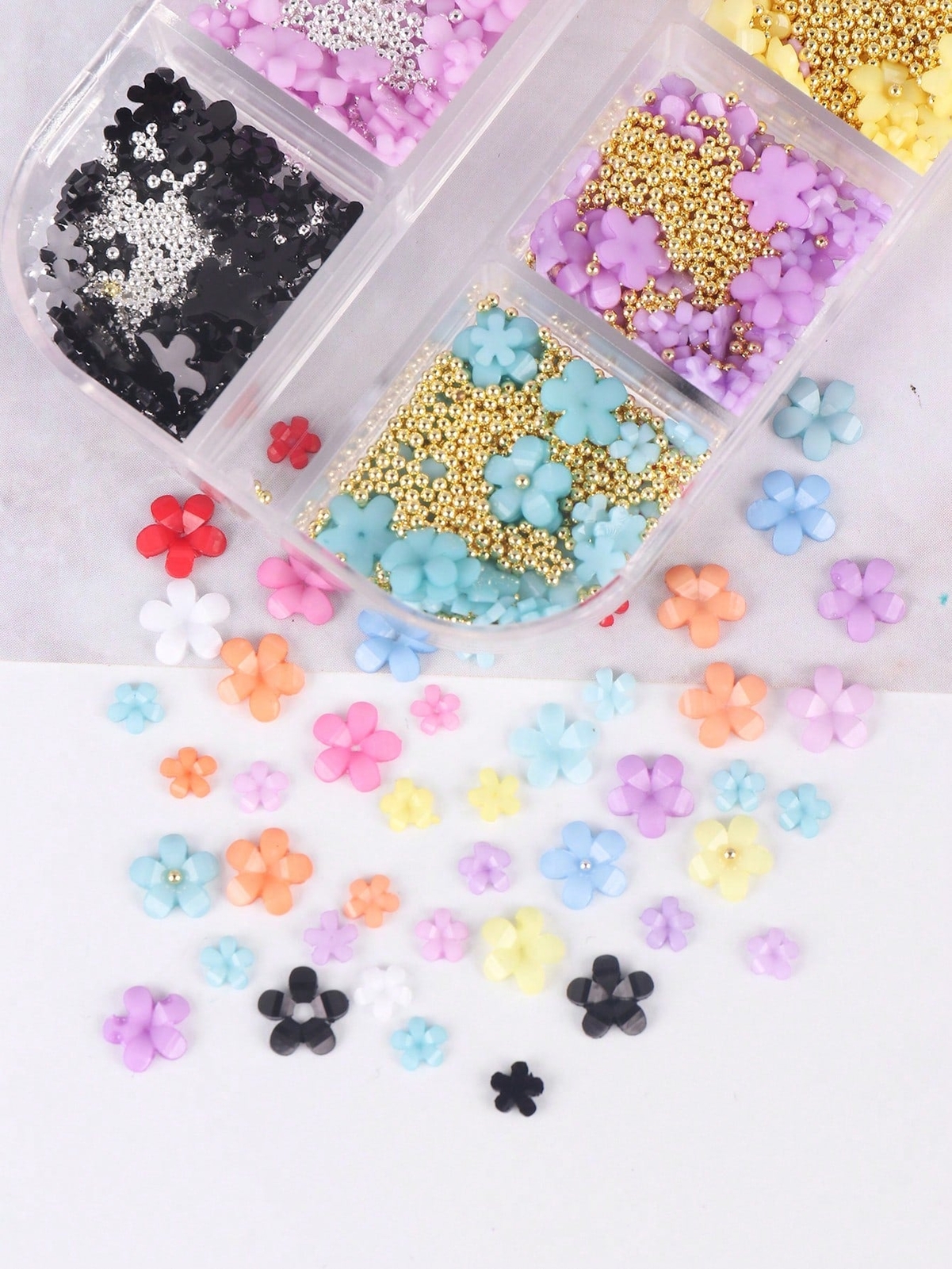 12 Grids 3D Acrylic Flower Nail Art Decoration, Mixed Size Colorful Flower Gold