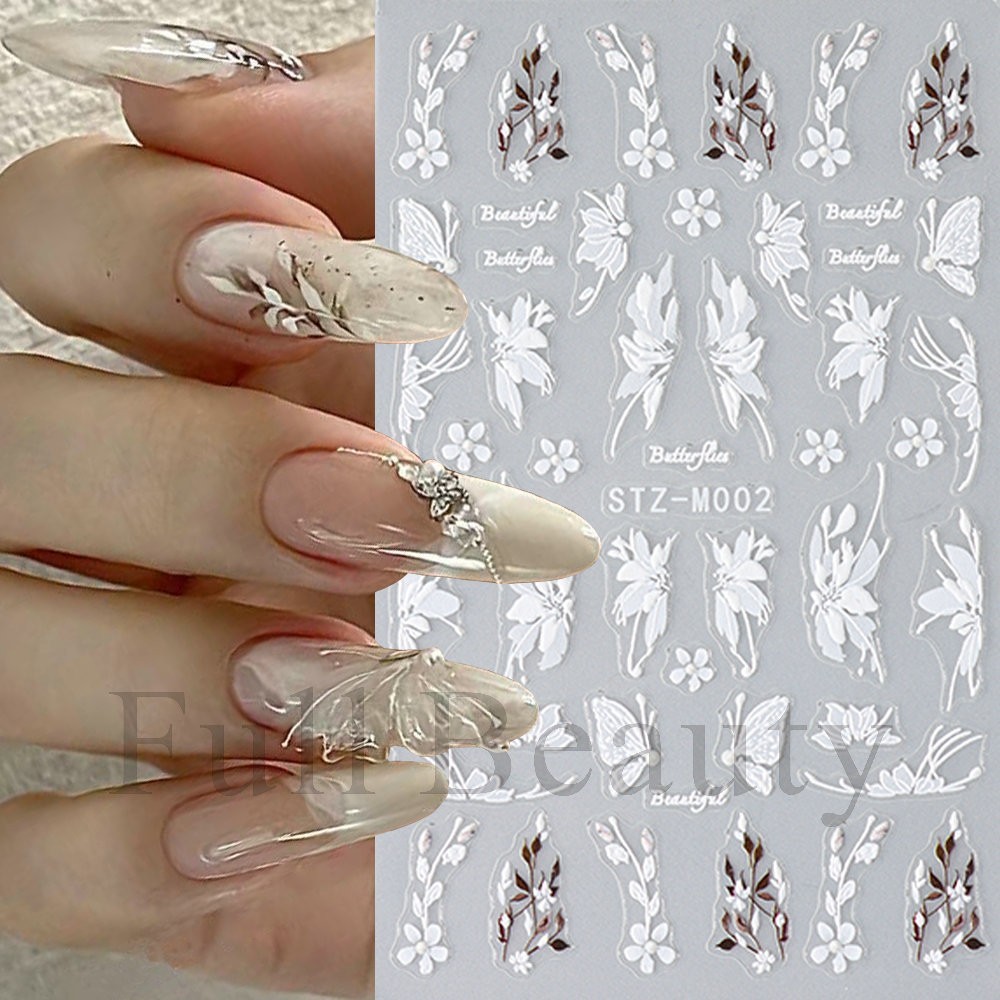 2Pcs White Butterfly Flower Lily Petal Matte Effect Thin Nail Art Stickers NH27