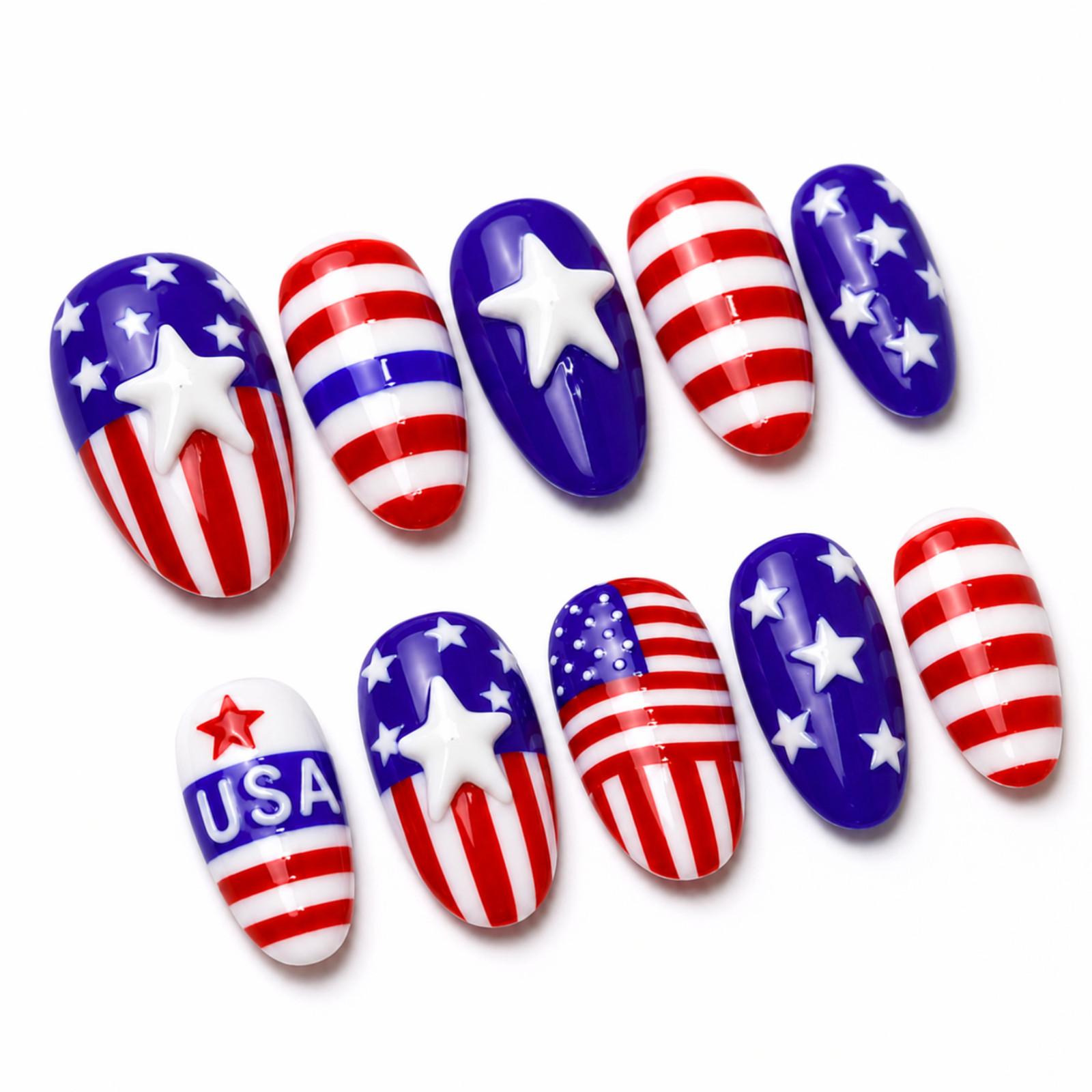 Handmade Patriotic Press On Nails Red White Blue 3D Star Oval Set