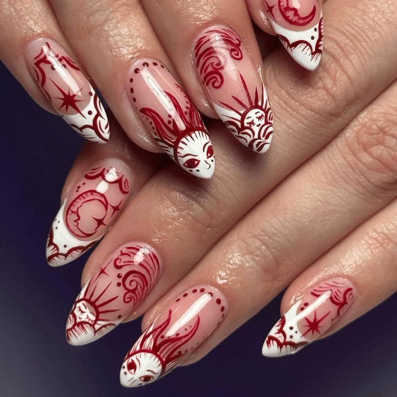 48 Pcs Sun Moon Totem Almond Press on Nails, Gothic Trendy Nude Fake Nails