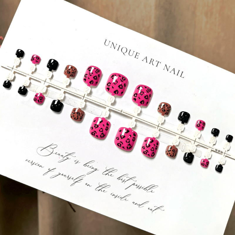 48pcs Short Square Press on Toe Nails, Hot Pink Black Leopard Print Gloss Nails