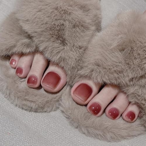 24 PCS Burgundy Short Square Toe Press on Nails,Glossy Wine Red Short Square