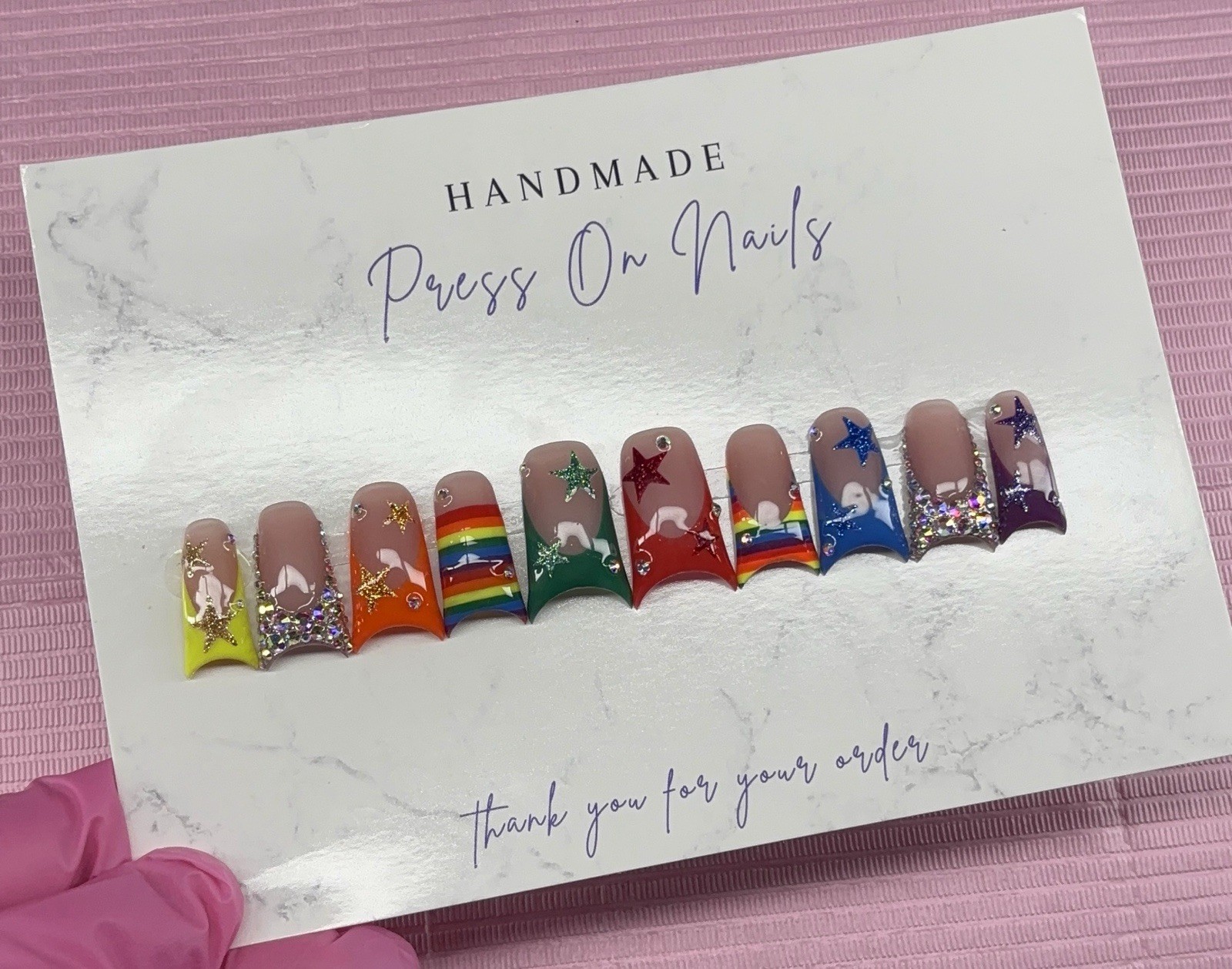 Long duck Press on nails French tips rhinestones rainbow glitter stars stripes