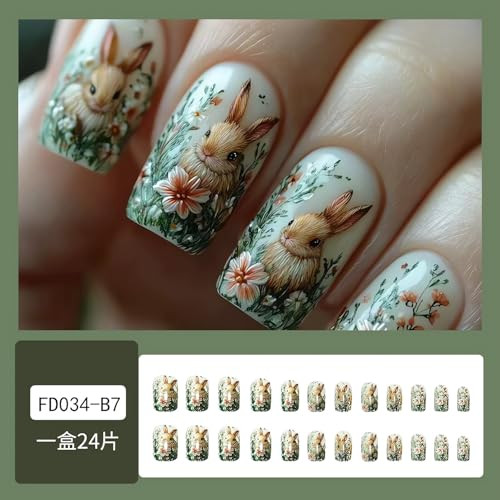 SINSEN Flower Press on Nails Short, Square Shape Spring Fake Nails, Embossed