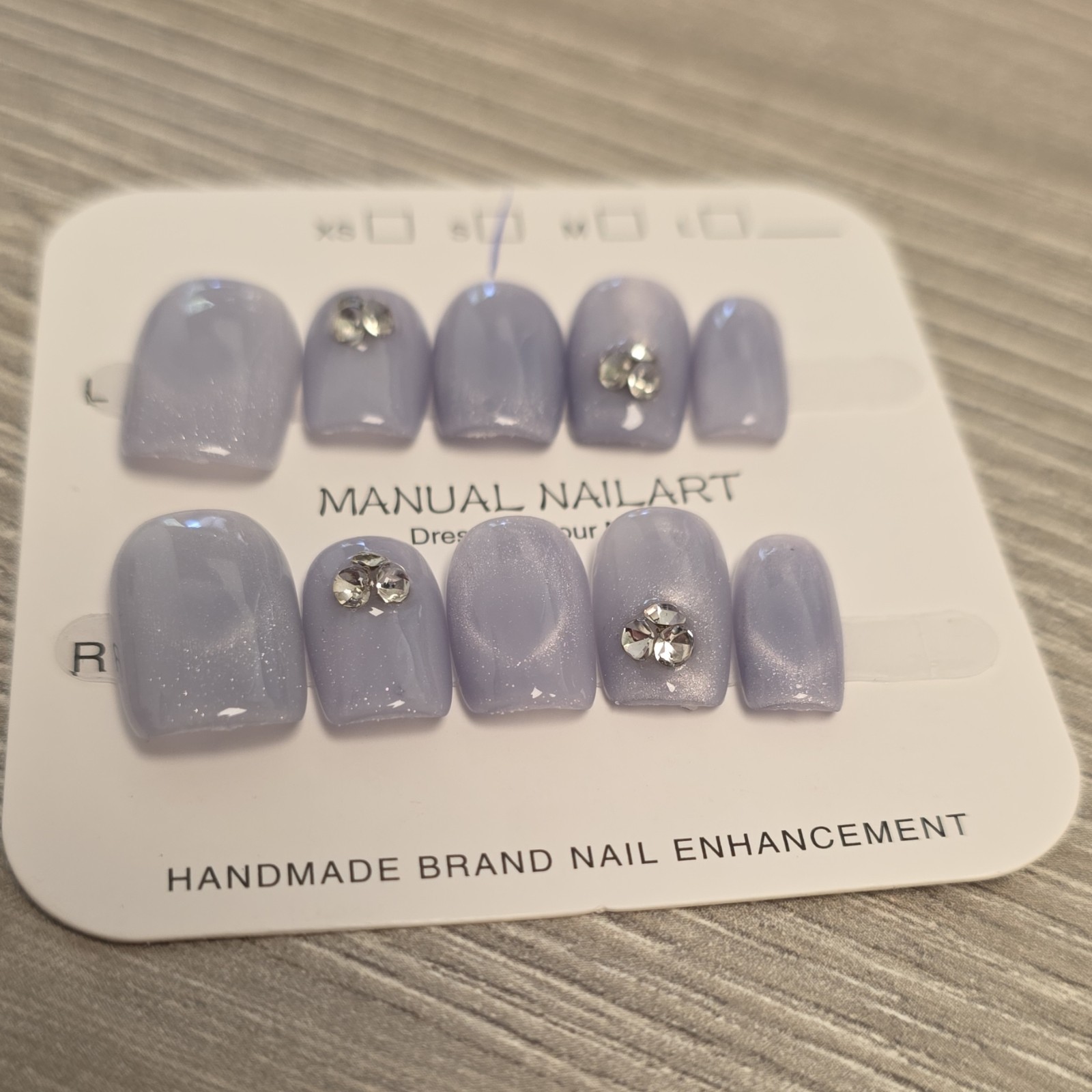 Lavender Sparkle Cateye Heart 3D Rhinestone Small Square Press-On Nails