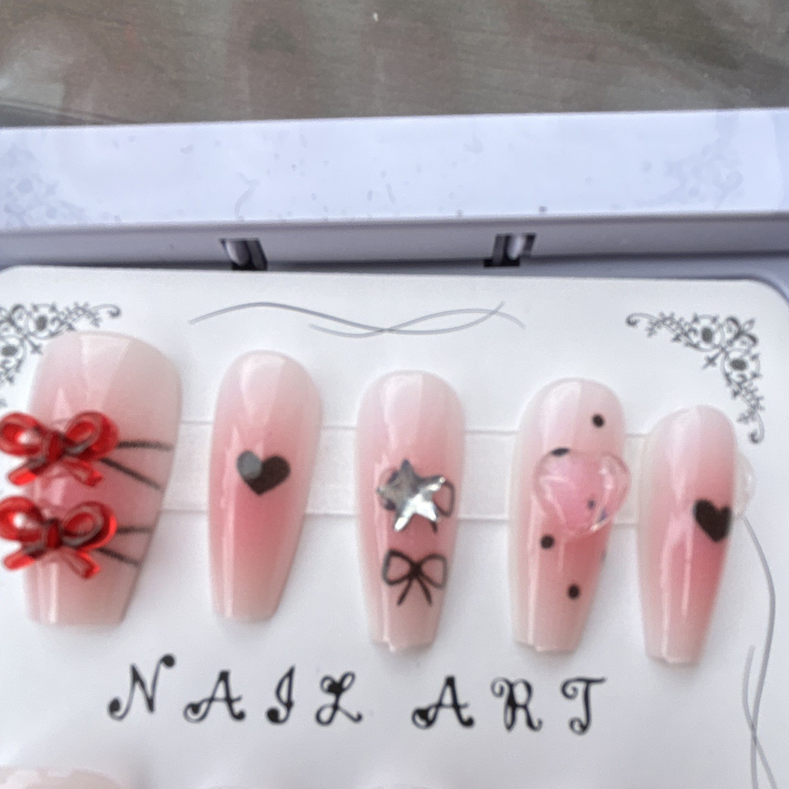 Pink/Black Press-On Nails 3D Heart Full Cover Pre-Designed Long Coffin